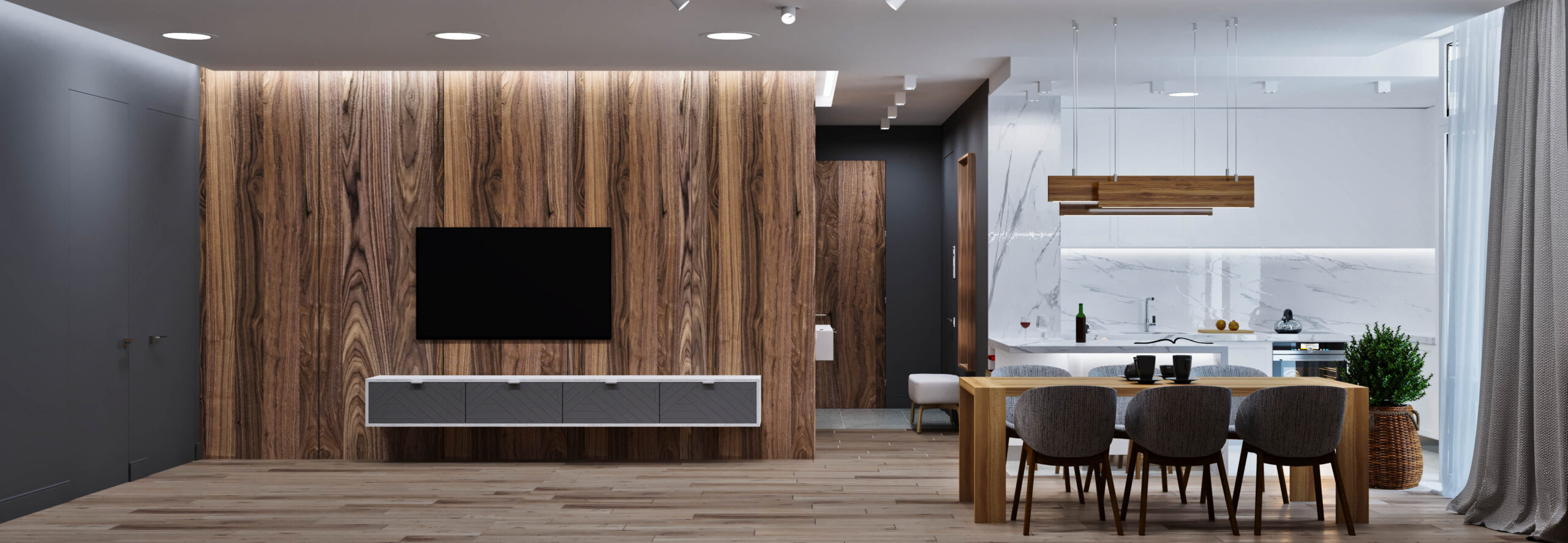 interior Design. Modern living room with hallway and kitchen-dining room